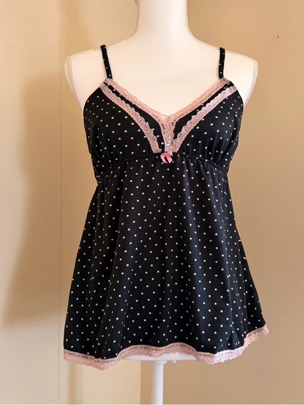 Y2K Black Polka Dot Pink Lace Trim Baby Doll Tank